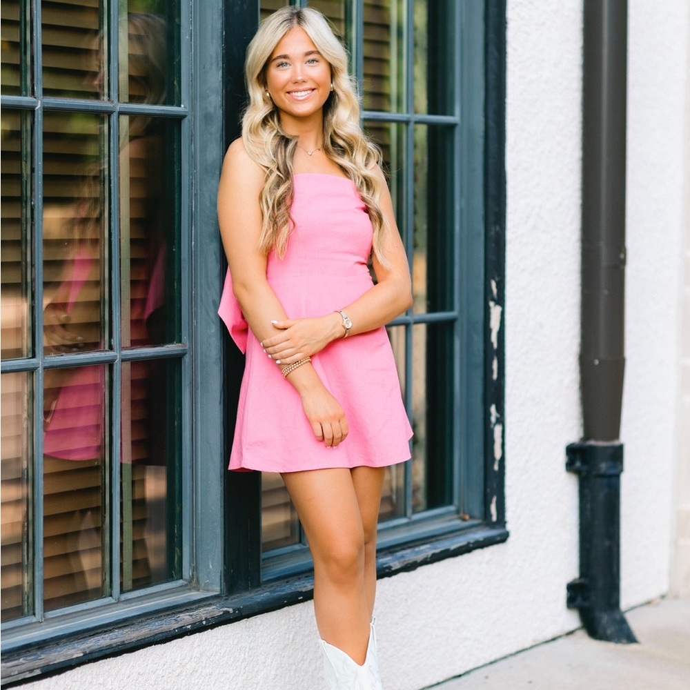 Pink Strapless Dress with Bow - Picture 2 of 6